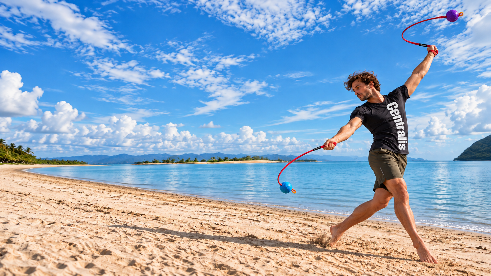 Athlete performing wide Centra Leash movement on the beach