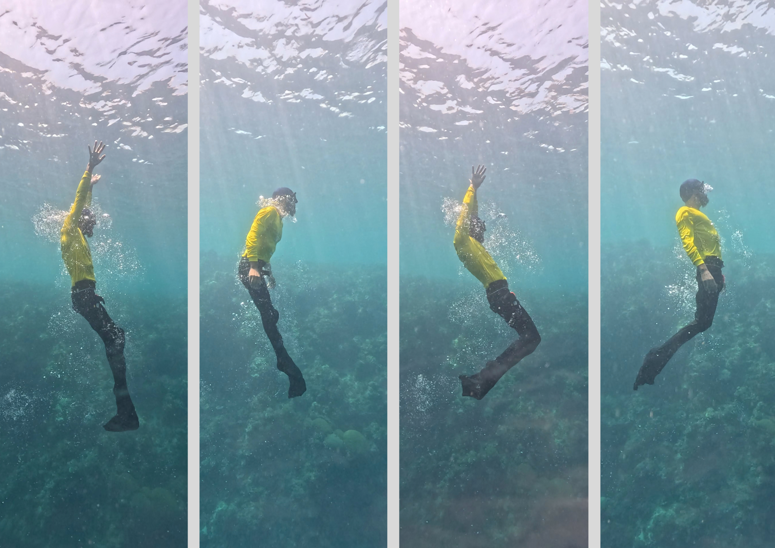 Bright AquaQi visible during an open-water freediving session